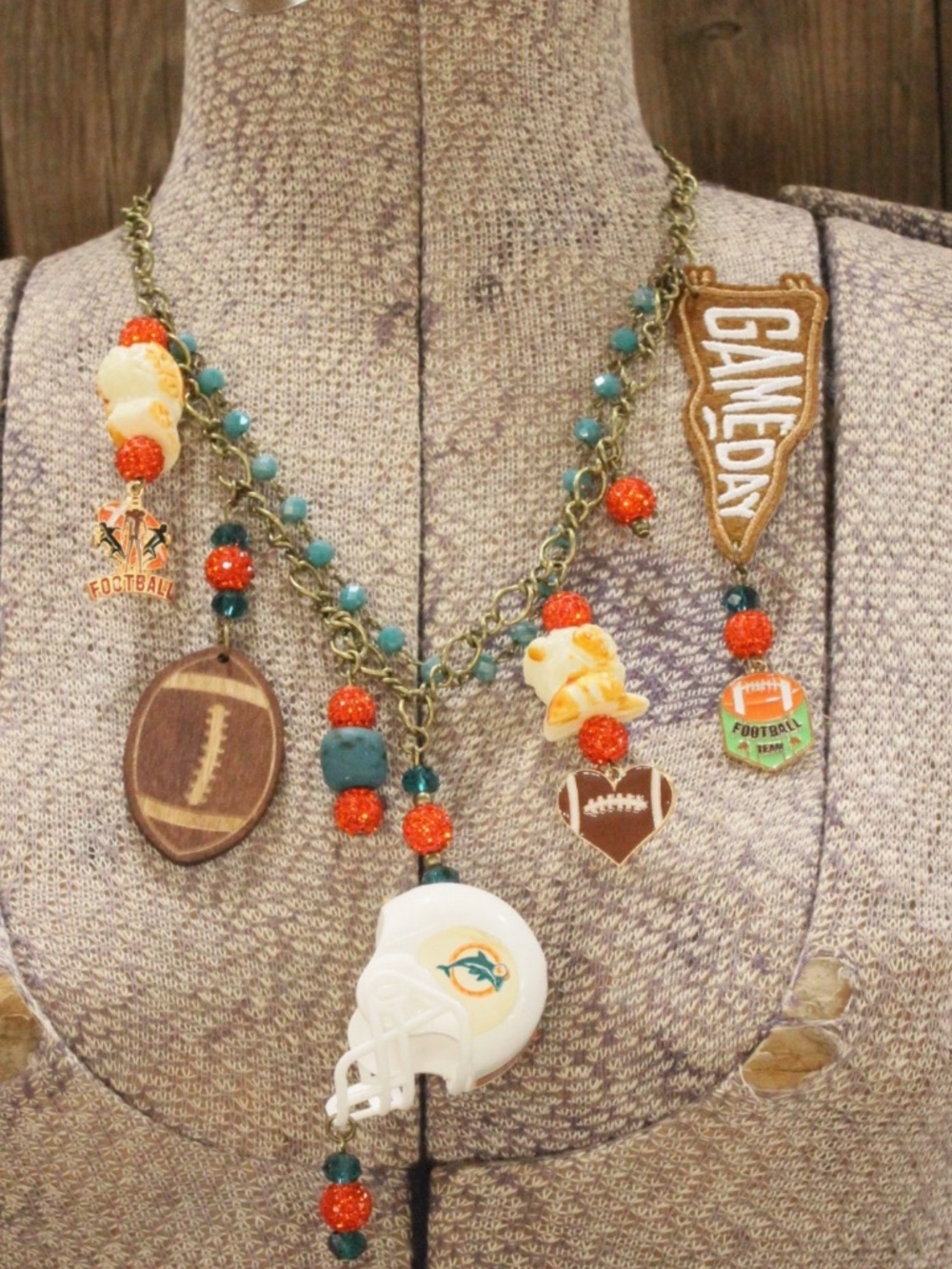 BOHO GAMEDAY  Miami Dolphins CHARM’D FOOTBALL NECKLACE